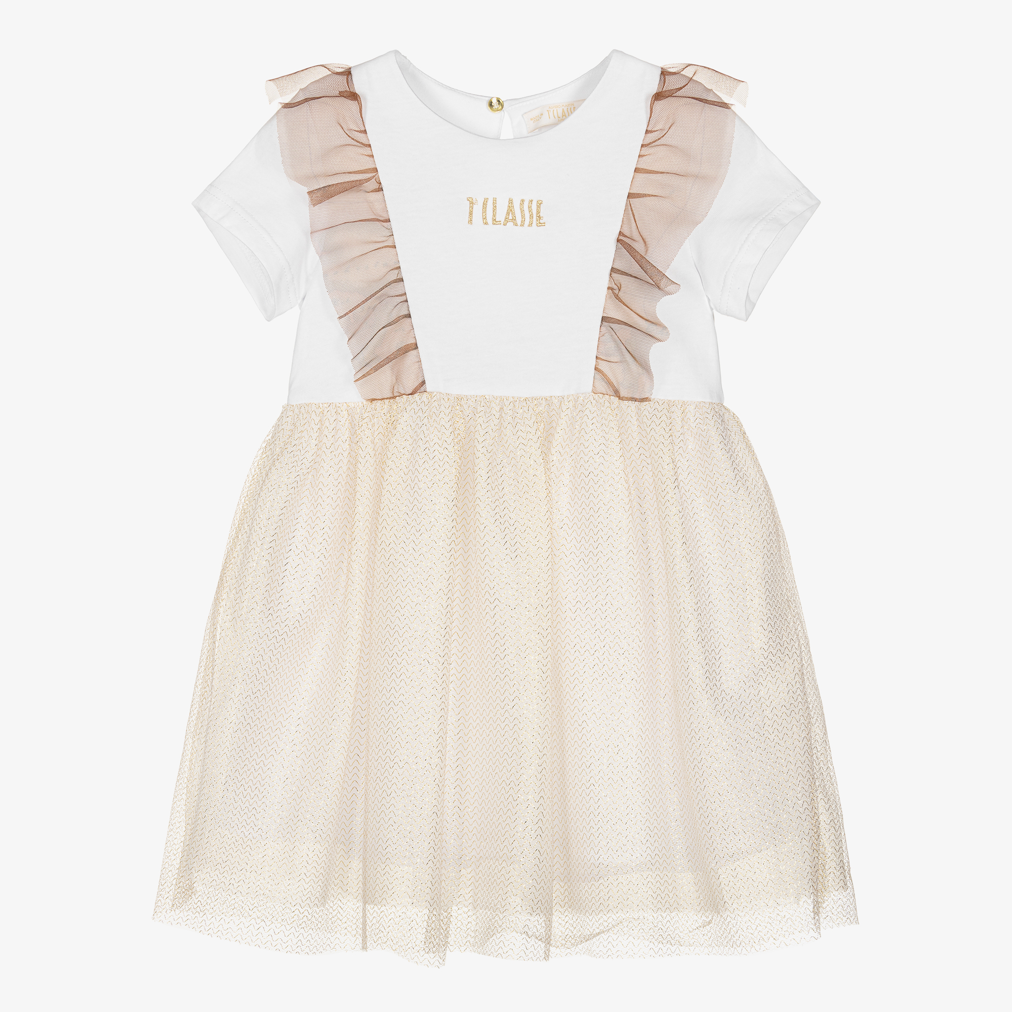Alviero Martini Girls White Jersey & Gold Tulle Dress Girls Kids 6 year Gold/White Cotton By Childrensalon