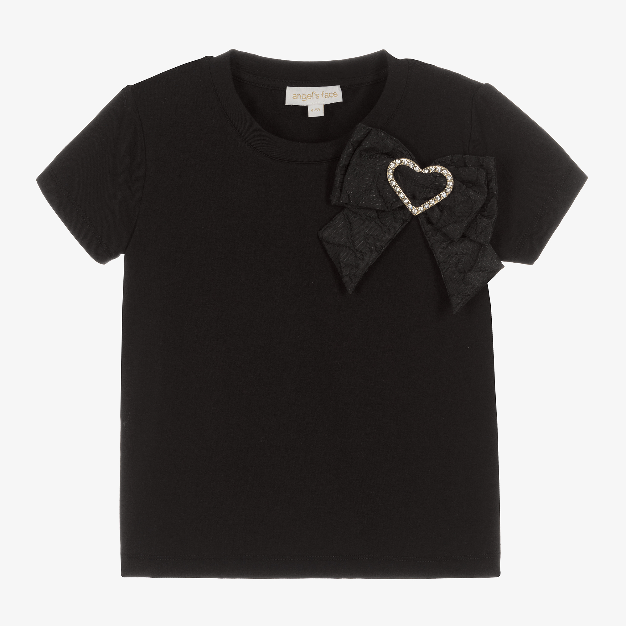 Angel's Face - Girls Black Cotton Jacquard Heart Bow T-Shirt