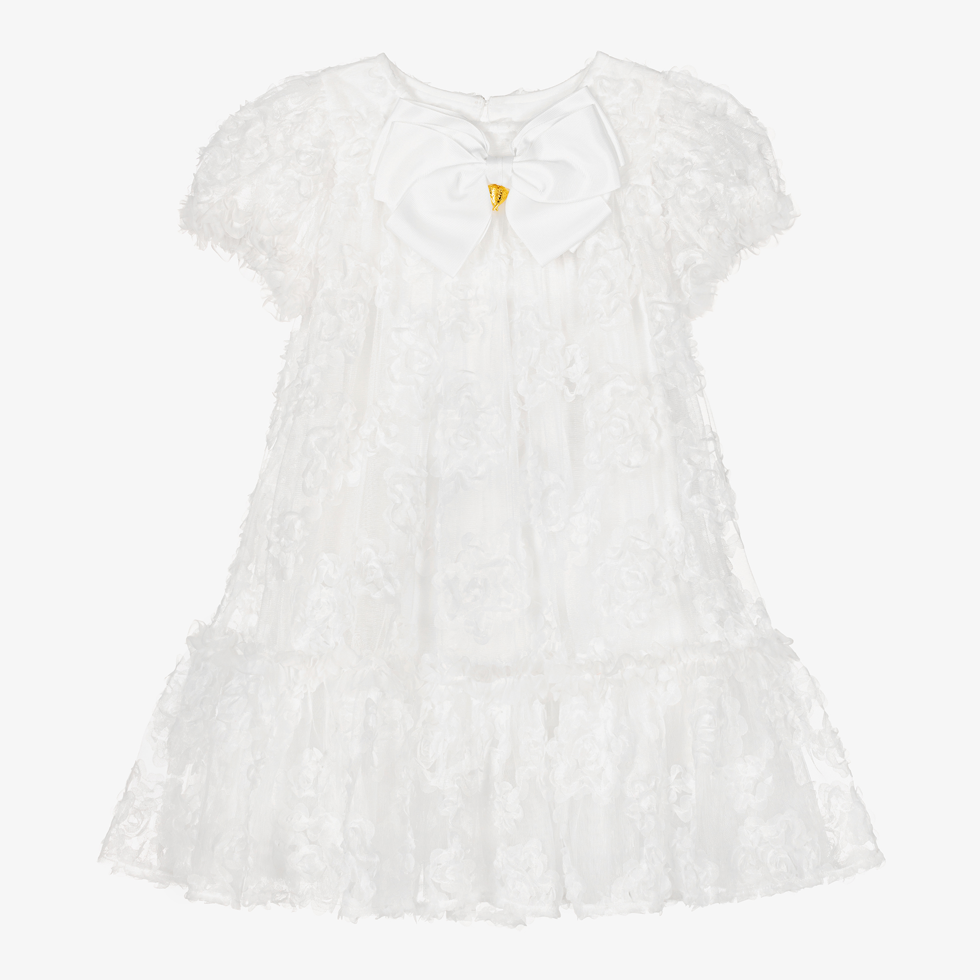 Angel's Face - Girls White Tulle Puff Sleeve Dress