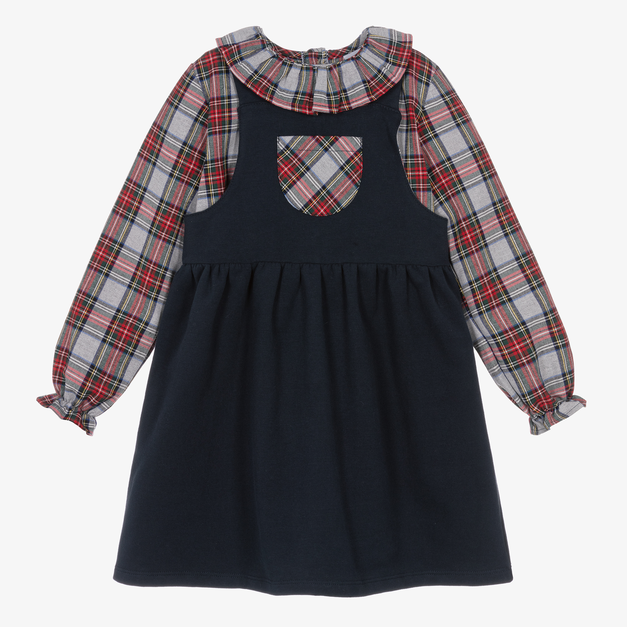 Babidu Girls Blue Red Tartan Pinafore Dress Set - Main Image