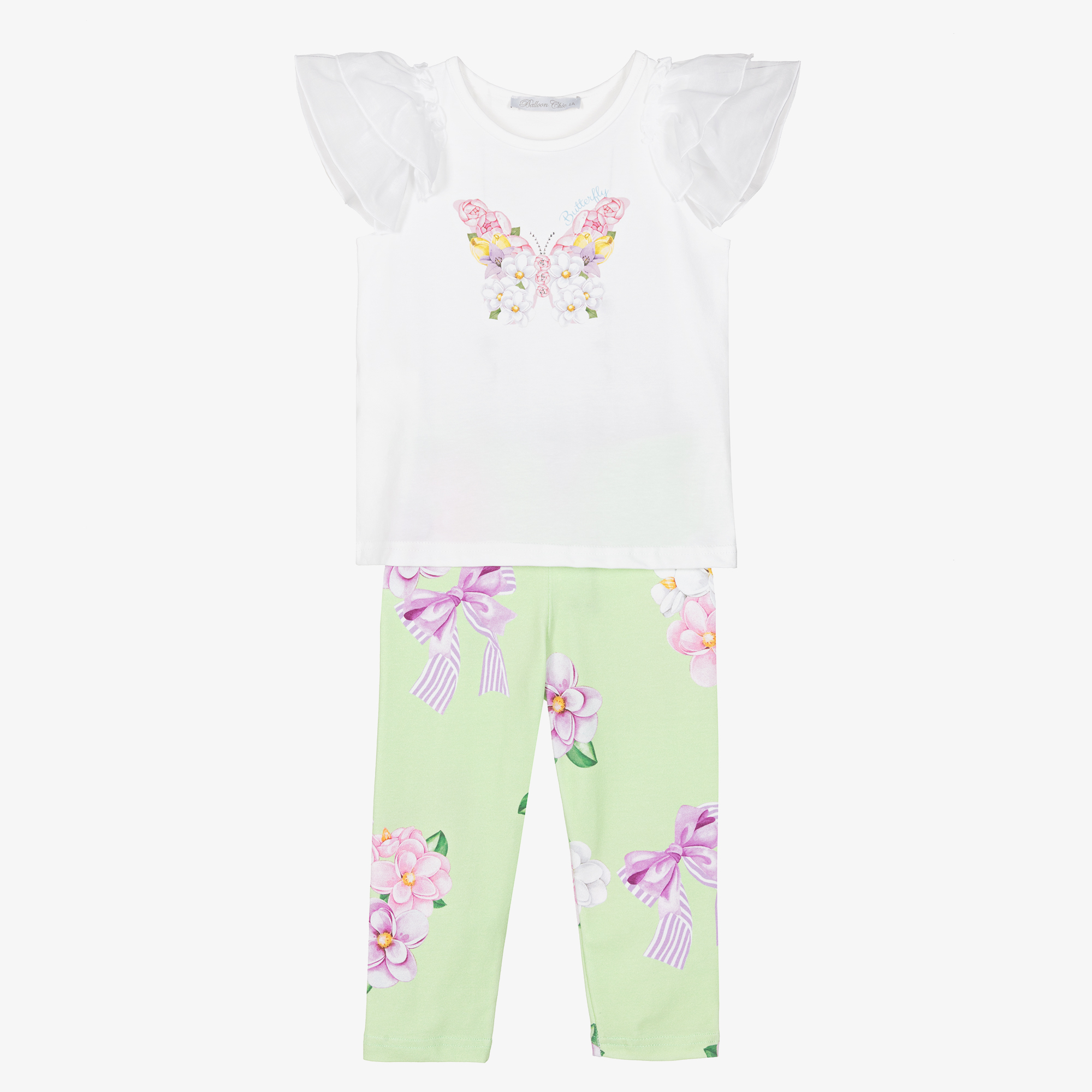 Balloon Chic Girls Green Cotton Floral Leggings Set