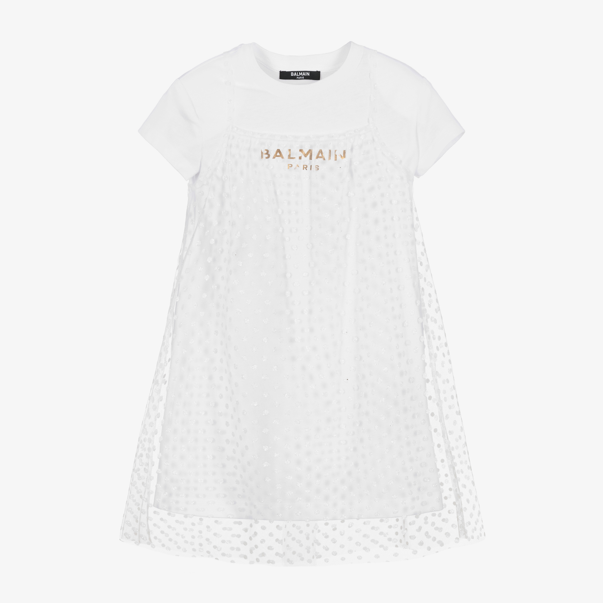 Balmain Girls White Cotton & Tulle Dress