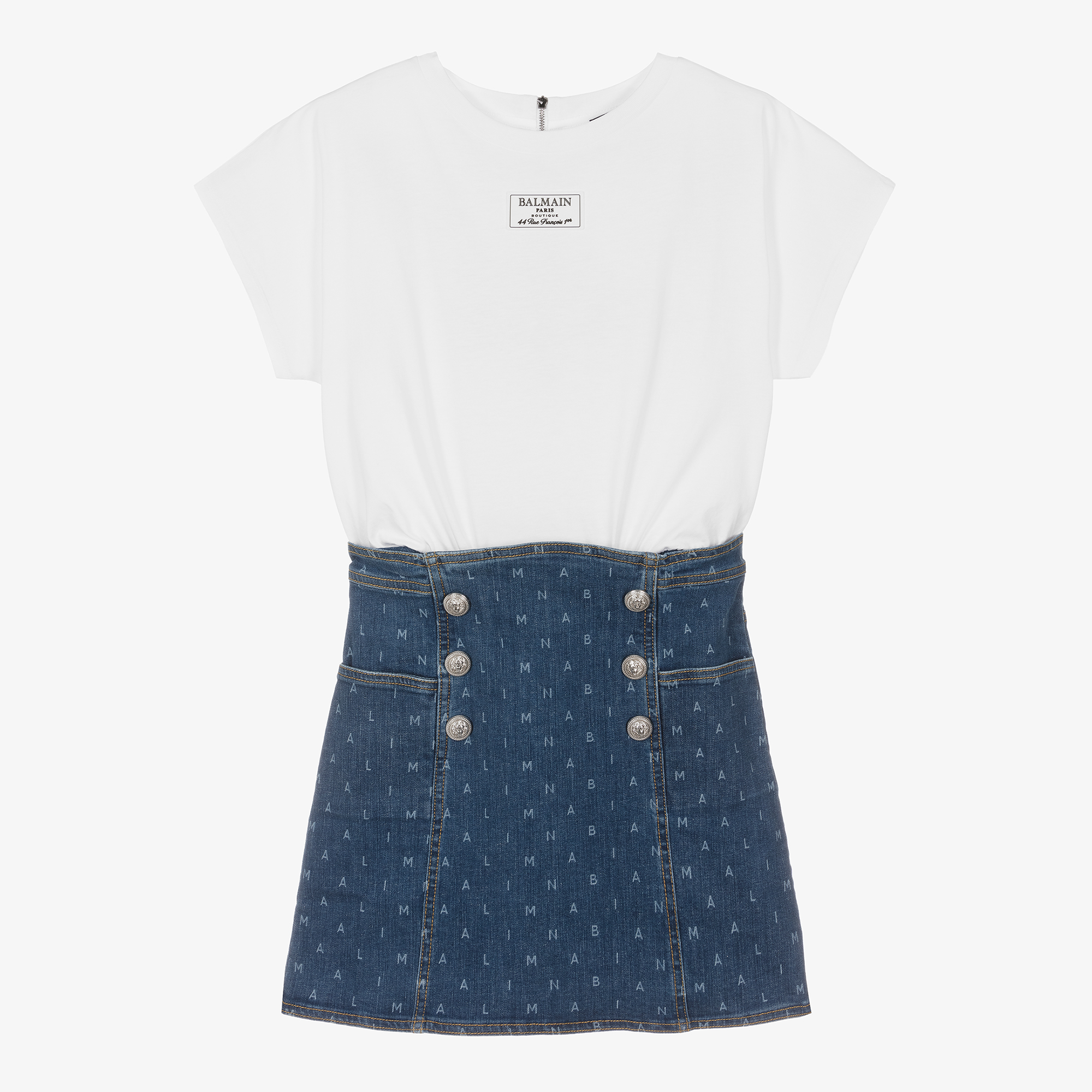 Balmain Teen Girls White Cotton Blue Denim Dress