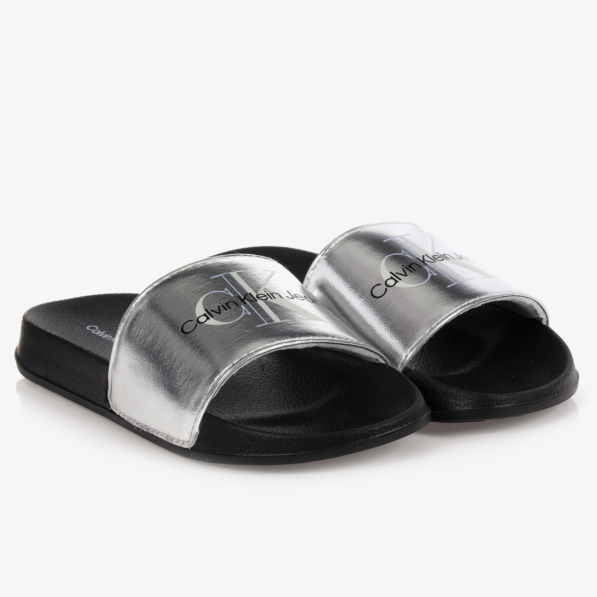 Calvin Klein Jeans - Girls Silver CK Logo Sliders | Childrensalon Outlet