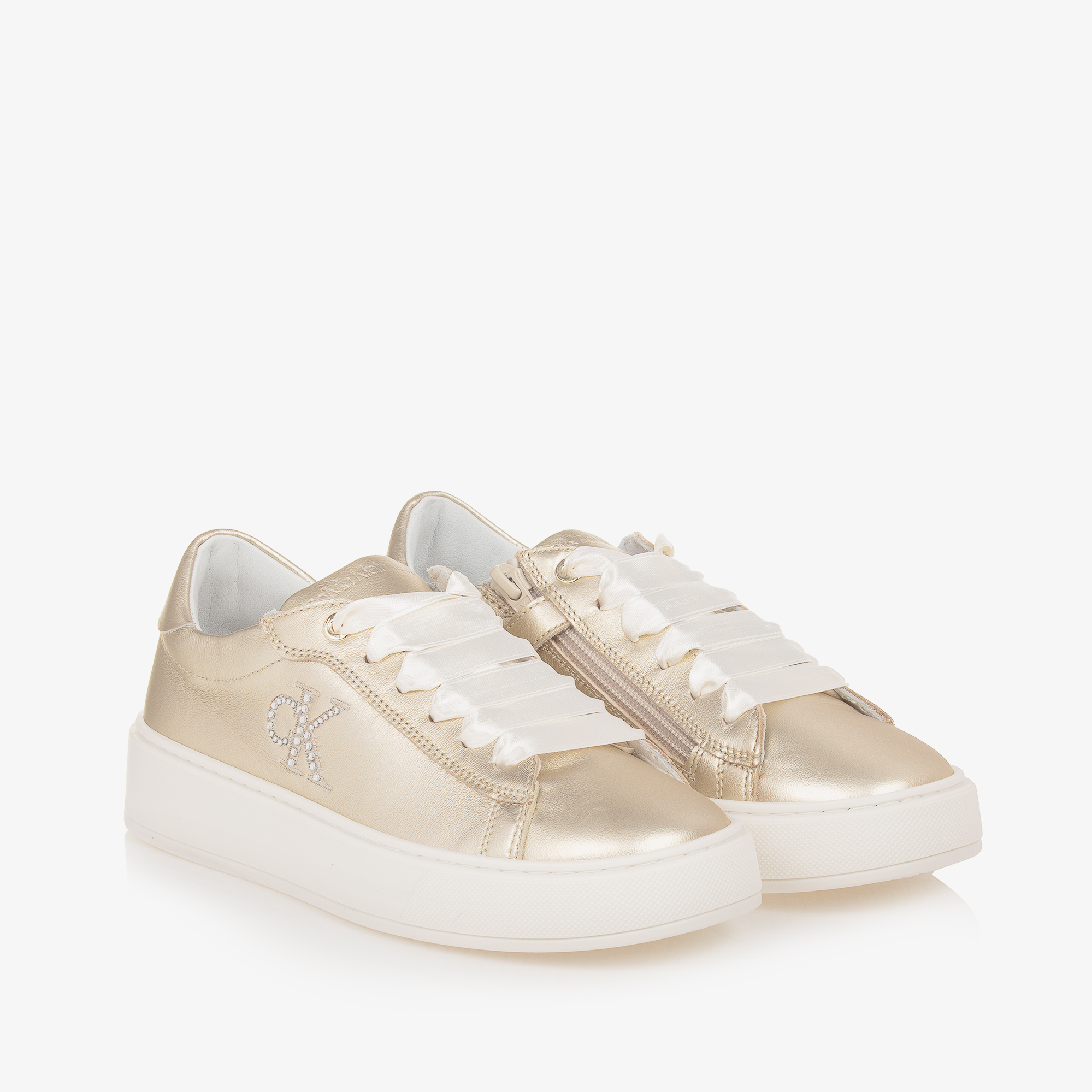 Calvin Klein Teen Girls Metallic Gold Leather Trainers Childrensalon Outlet