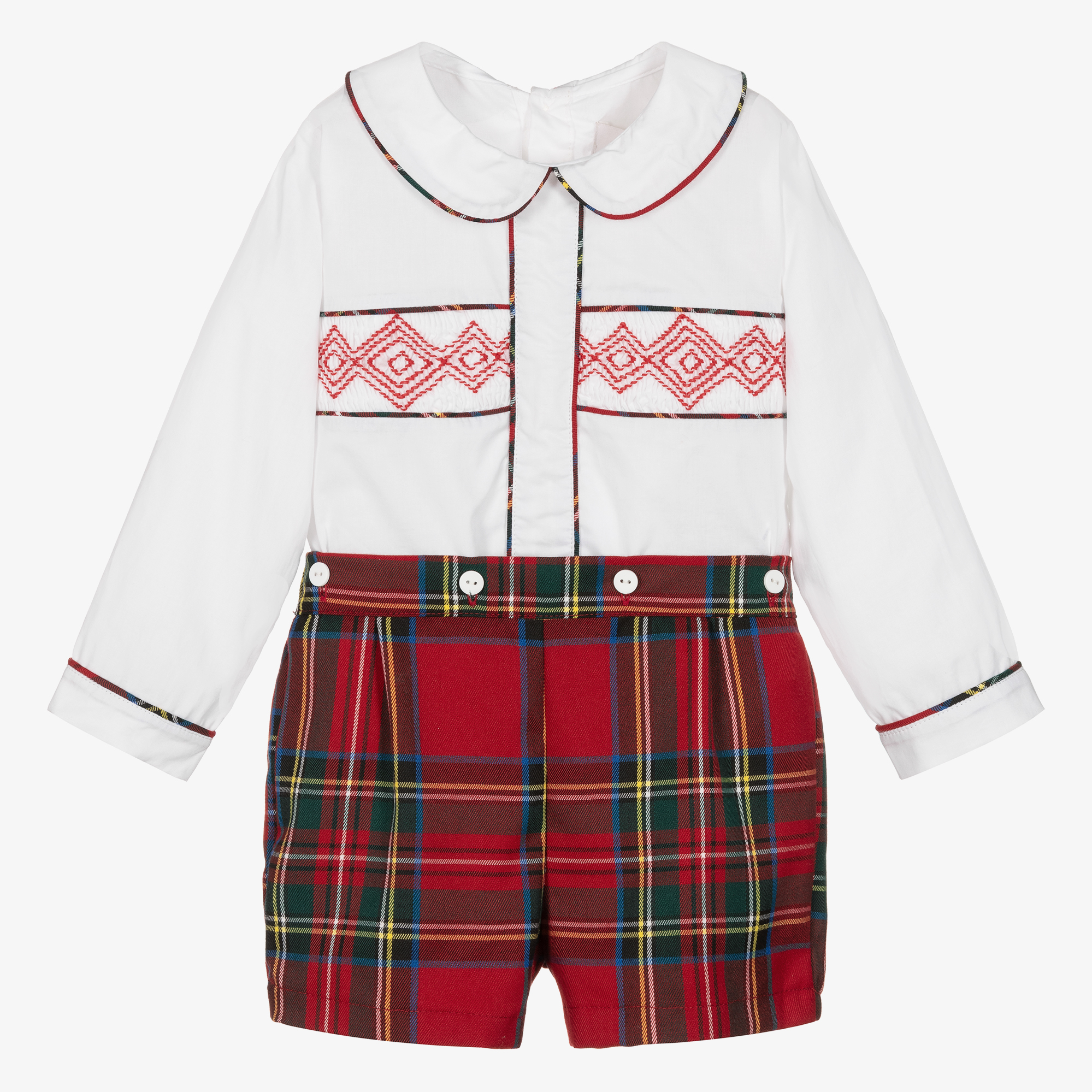 Caramelo Kids Baby Boys Red Ivory Tartan Buster Suit
