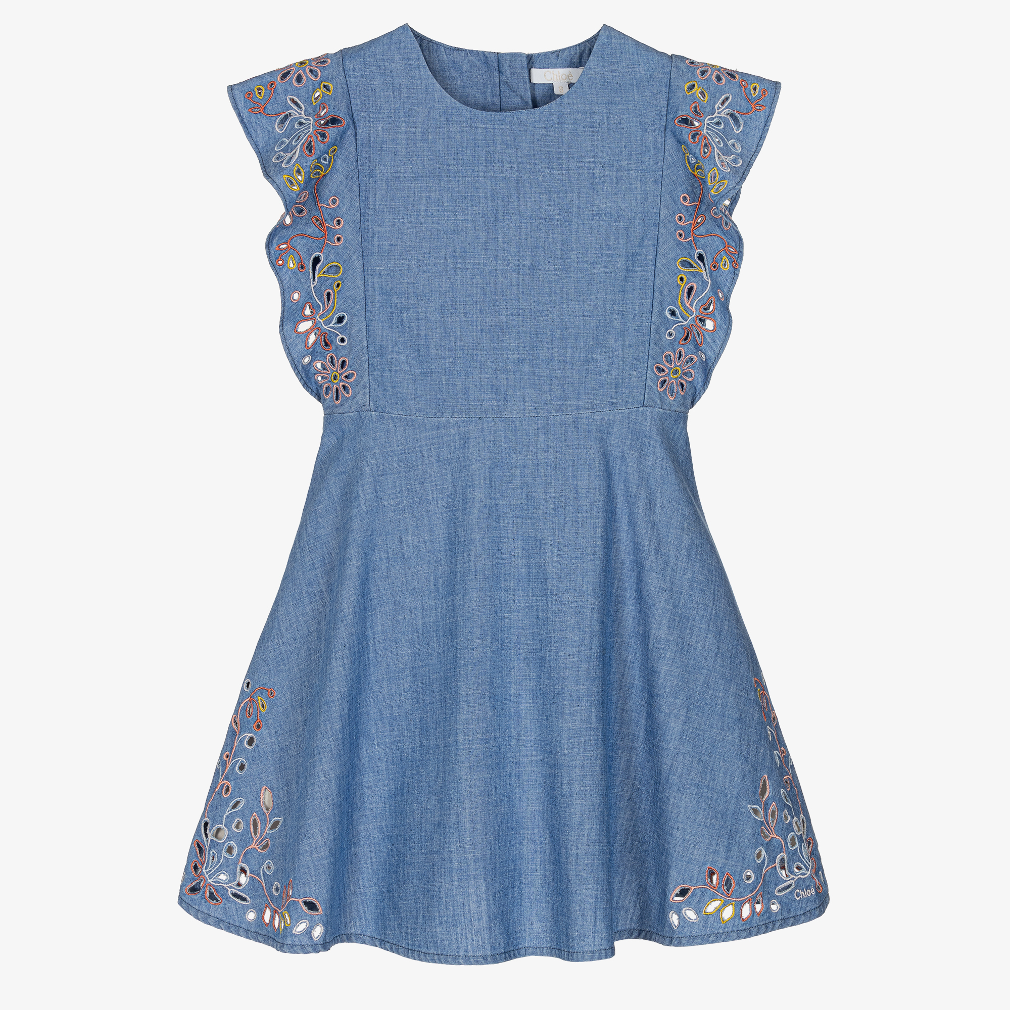 Chlo Girls Embroidered Chambray Dress in Blue 10 Yrs