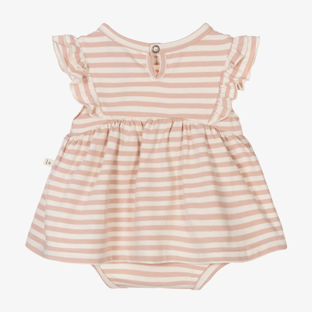 1 + in the family-فستان قطن جيرسي مقلم لون زهري وعاجي للمولودات | Childrensalon Outlet