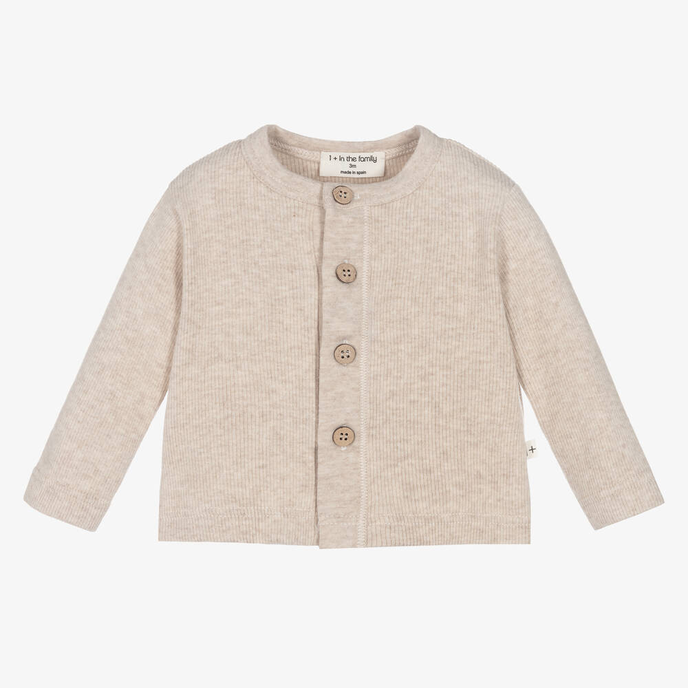 1 + in the family - Beige Ribbed Cotton Jersey Cardigan | Childrensalon