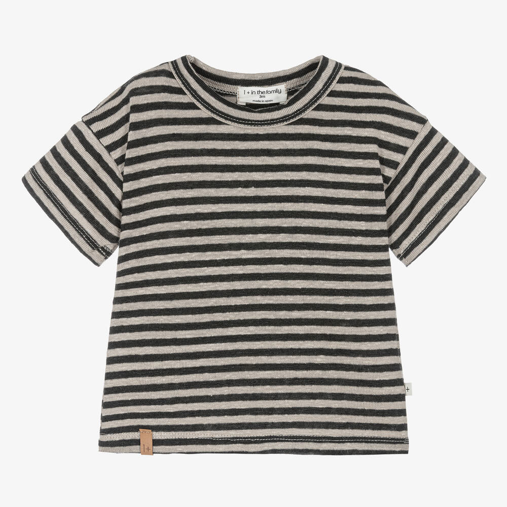 1 + in the family-Boys Beige & Black Stripe Linen T-Shirt | Childrensalon Outlet