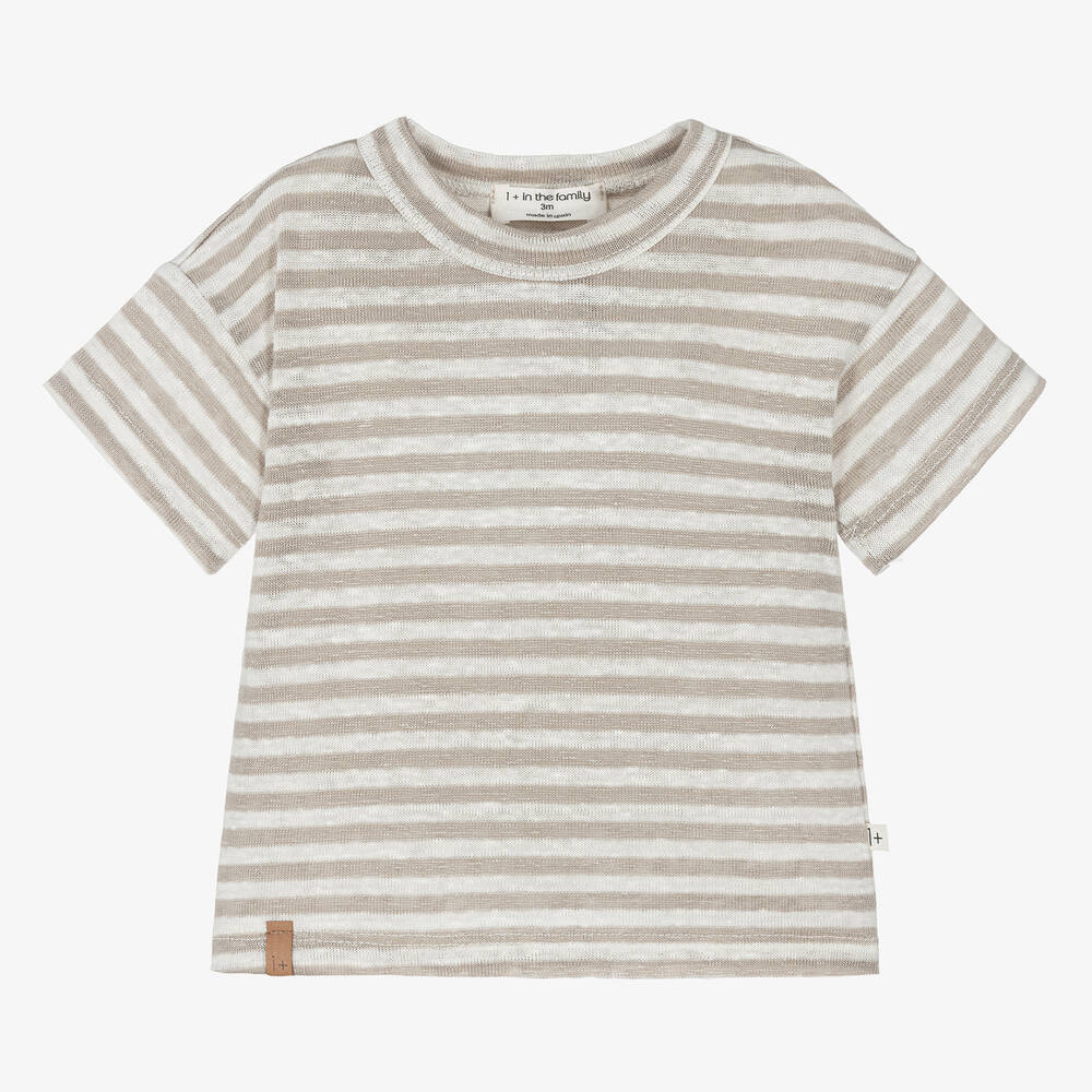 1 + in the family-Boys Beige & Ivory Stripe Linen T-Shirt | Childrensalon Outlet