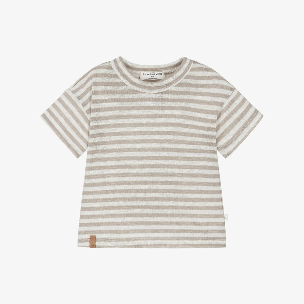 1 + in the family-Boys Beige & Ivory Stripe Linen T-Shirt | Childrensalon Outlet