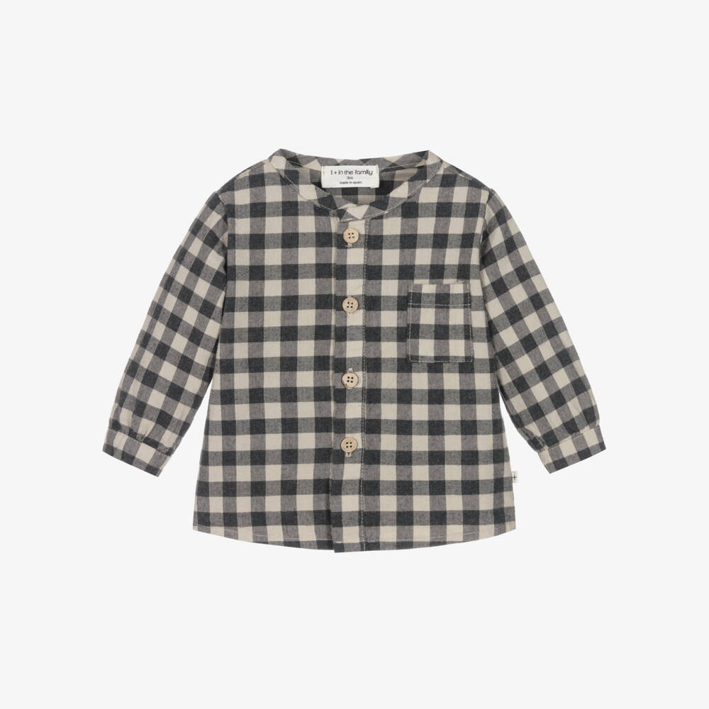 1 + in the family-Boys Black & Beige Cotton Gingham Shirt | Childrensalon Outlet