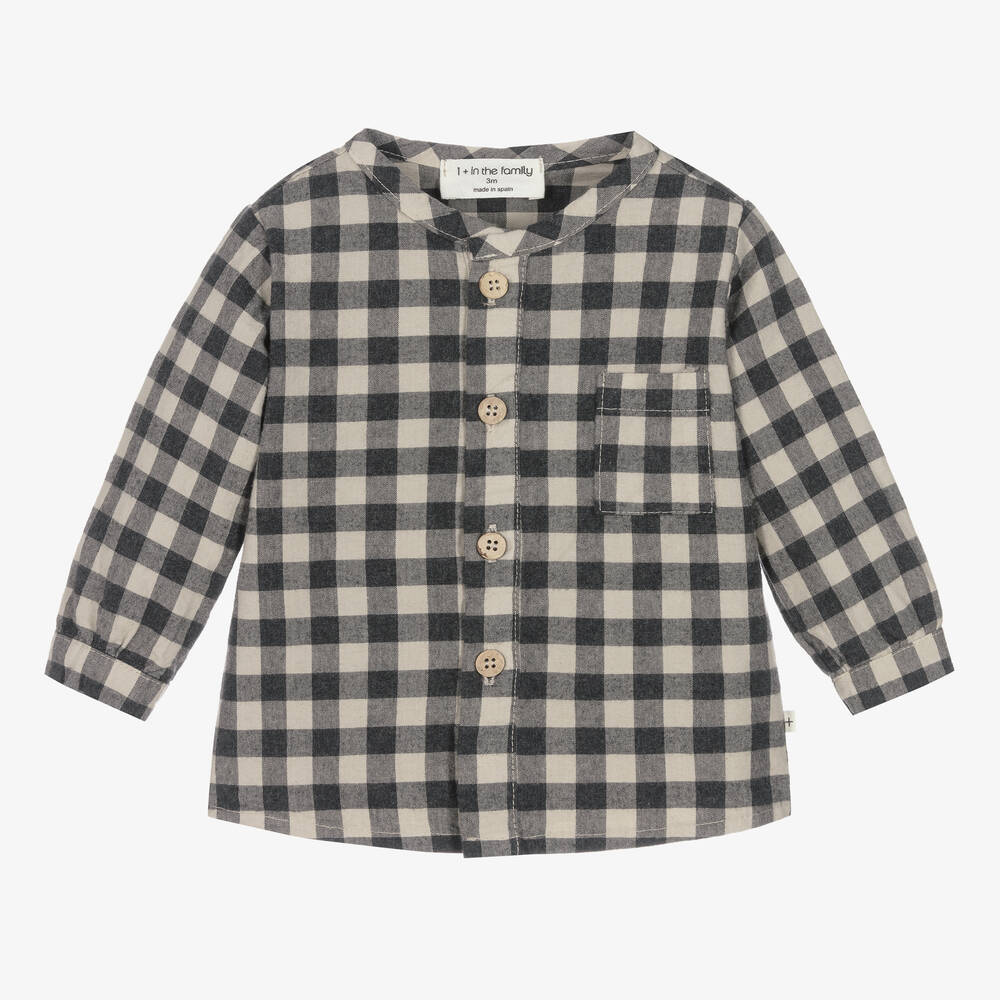 1 + in the family - Boys Black & Beige Cotton Gingham Shirt | Childrensalon