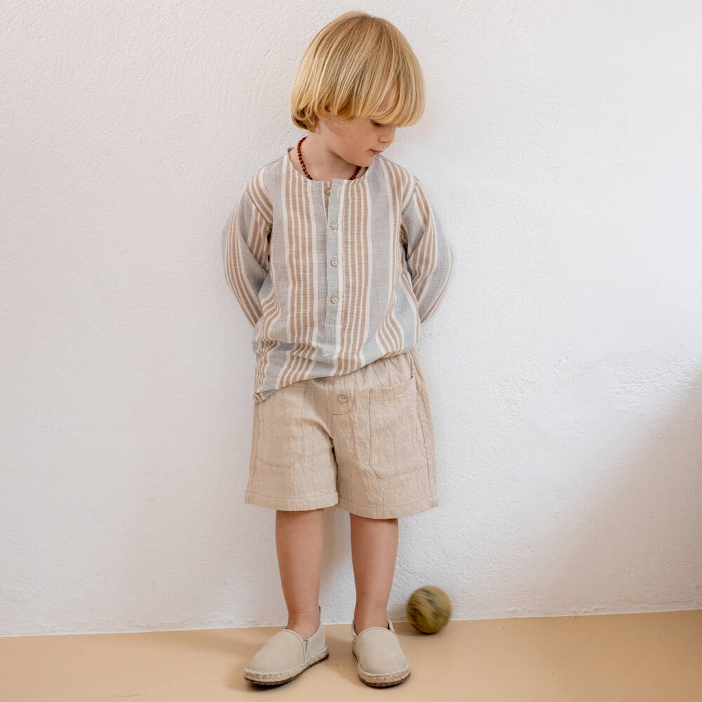 1 + in the family-Boys Classic Beige Striped Shirt | Childrensalon Outlet
