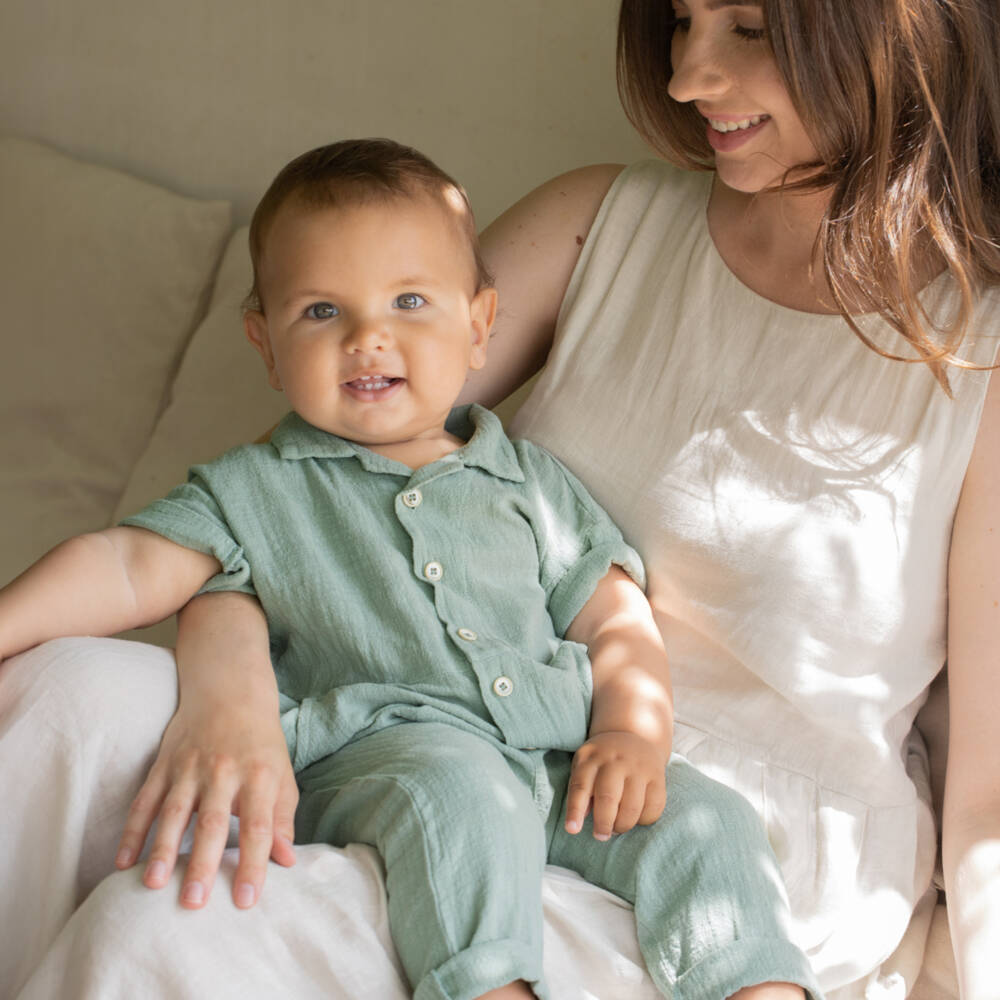 1 + in the family-Boys Green Textured Cotton Shirt | Childrensalon Outlet
