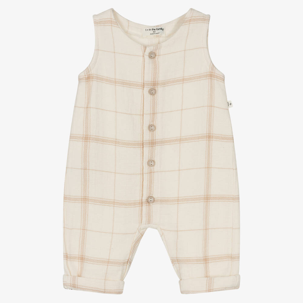 1 + in the family-Boys Ivory & Beige Plaid Overalls | Childrensalon Outlet