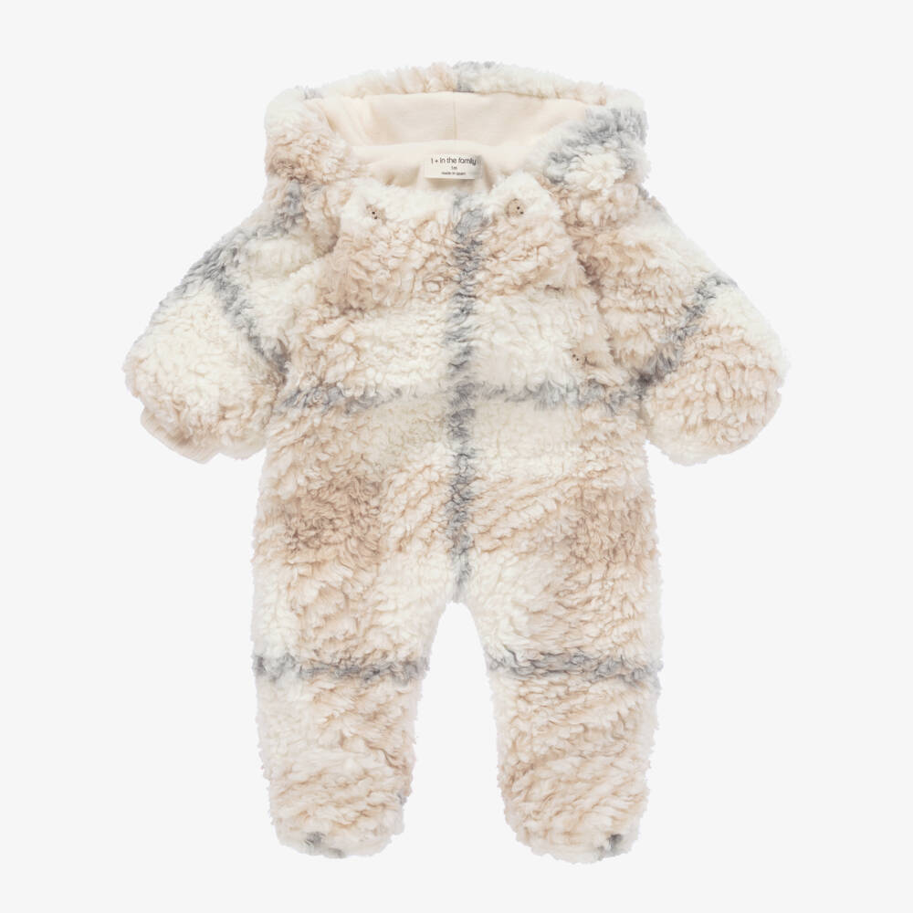 1 + in the family-Boys Ivory Check Fleece Pramsuit | Childrensalon Outlet