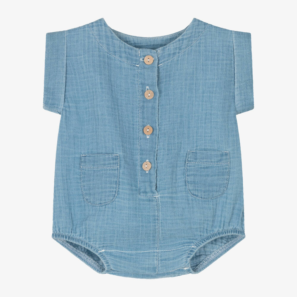 1 + in the family-Boys Light Azure Muslin Romper | Childrensalon Outlet