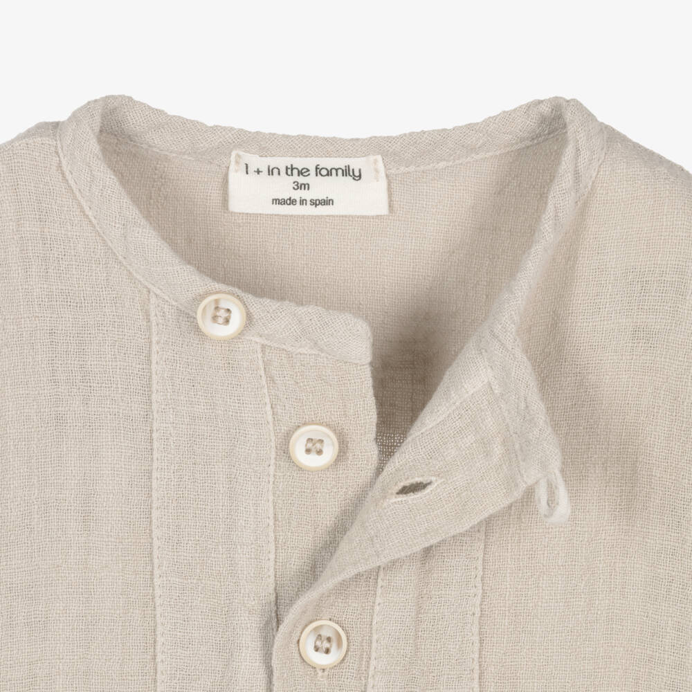 1 + in the family-Boys Light Beige Cotton Collarless Shirt | Childrensalon Outlet