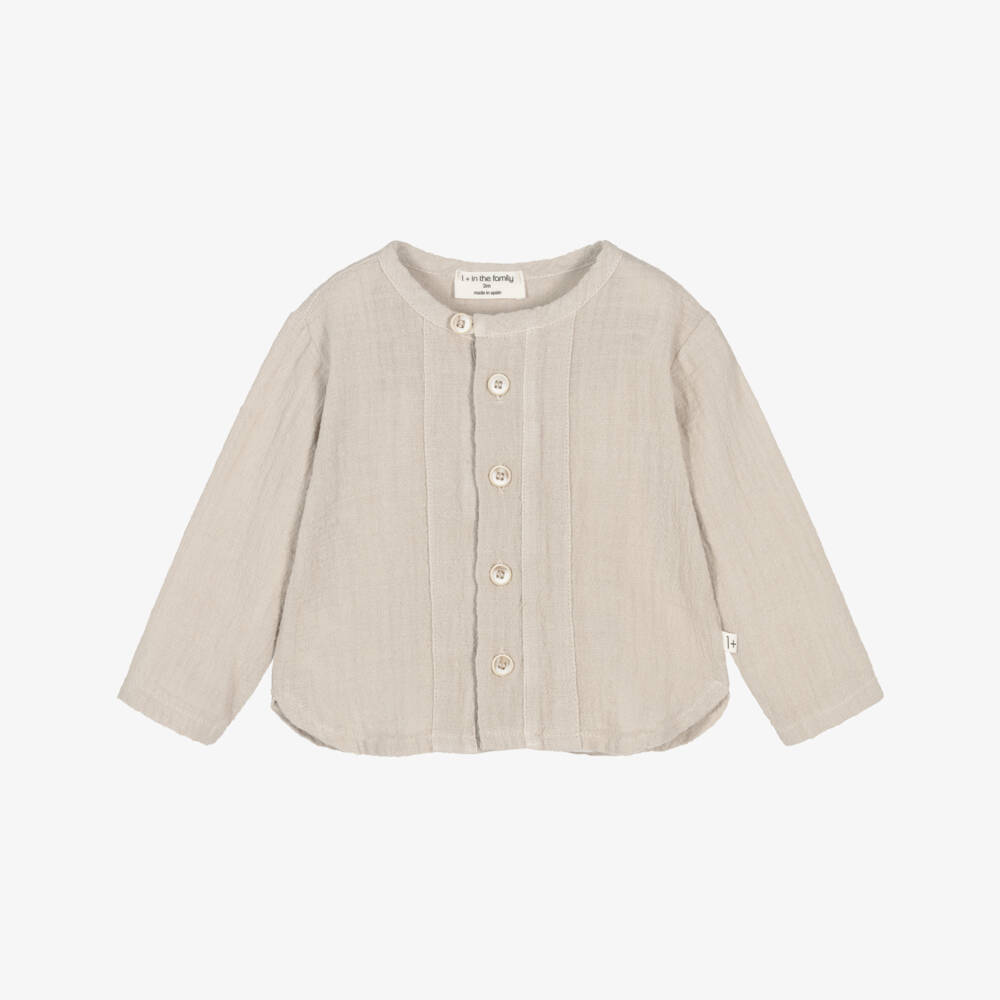 1 + in the family-Boys Light Beige Cotton Collarless Shirt | Childrensalon Outlet