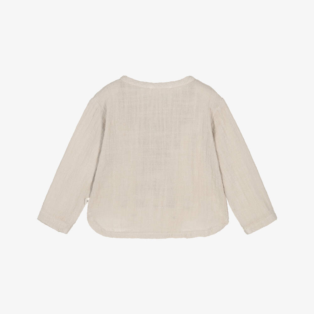 1 + in the family-Boys Light Beige Cotton Collarless Shirt | Childrensalon Outlet