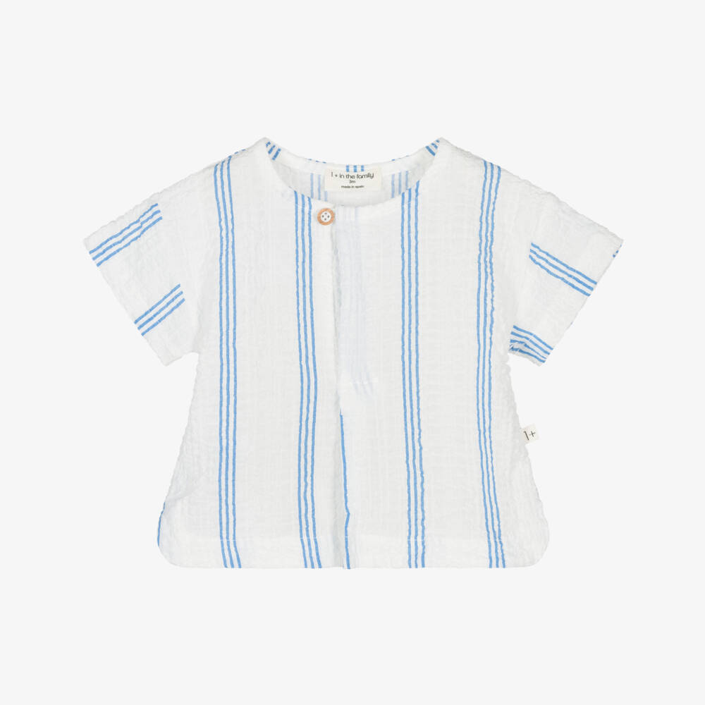 1 + in the family-Boys White & Blue Striped Cotton Shirt | Childrensalon Outlet