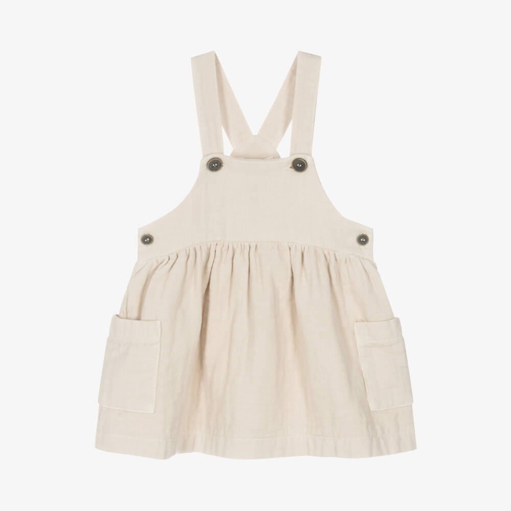 1 + in the family-Girls Beige Cotton Dungaree Dress | Childrensalon Outlet