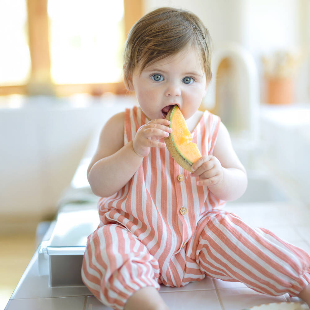 1 + in the family-Girls Coral Striped Cotton Romper | Childrensalon Outlet