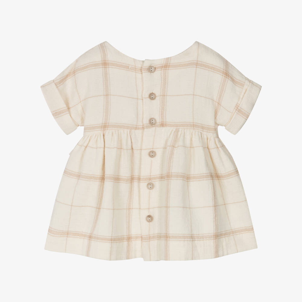 1 + in the family-Girls Cream & Tan Plaid Cotton Frock | Childrensalon Outlet