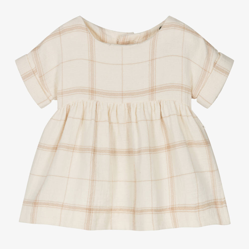 1 + in the family-Girls Cream & Tan Plaid Cotton Frock | Childrensalon Outlet