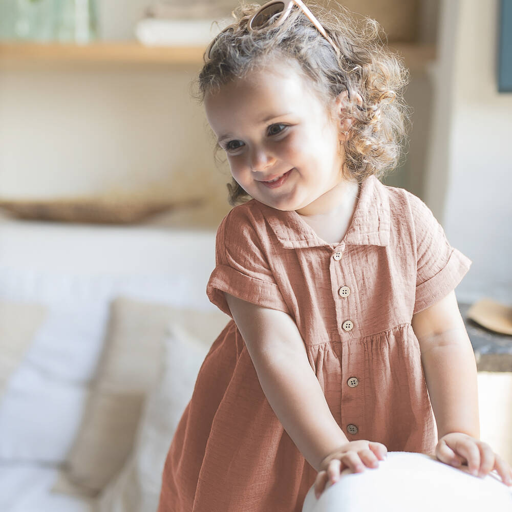 1 + in the family-فستان قطن سيرسوكر مقلم لون زهري | Childrensalon Outlet