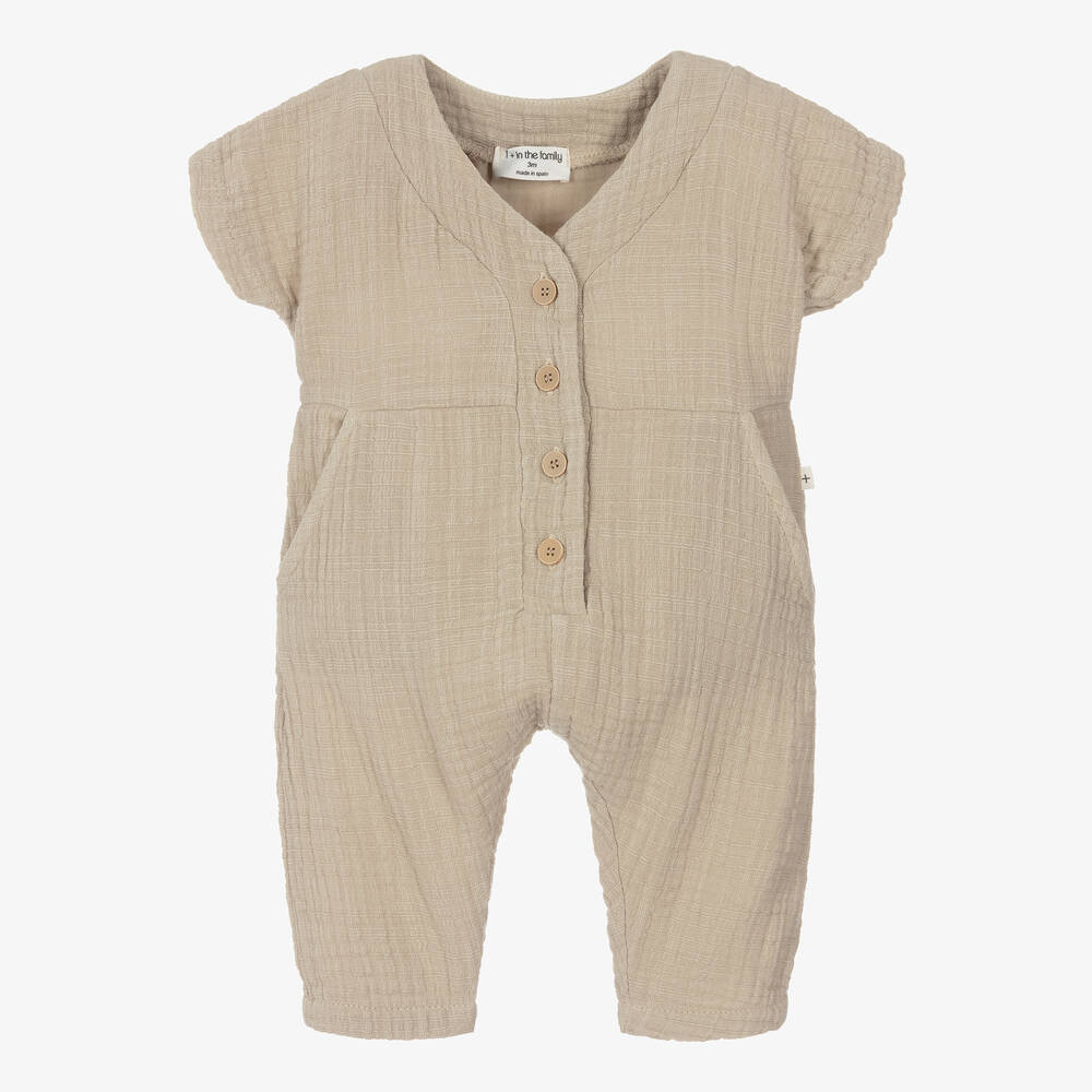 1 + in the family-Girls Taupe Beige Cotton Jumpsuit | Childrensalon Outlet
