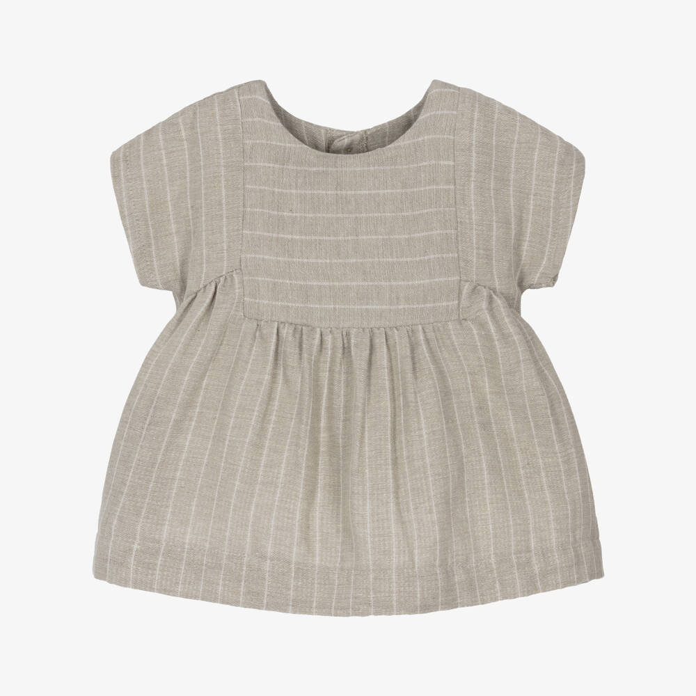 1 + in the family-Girls Taupe Beige Cotton Stripe Dress | Childrensalon Outlet