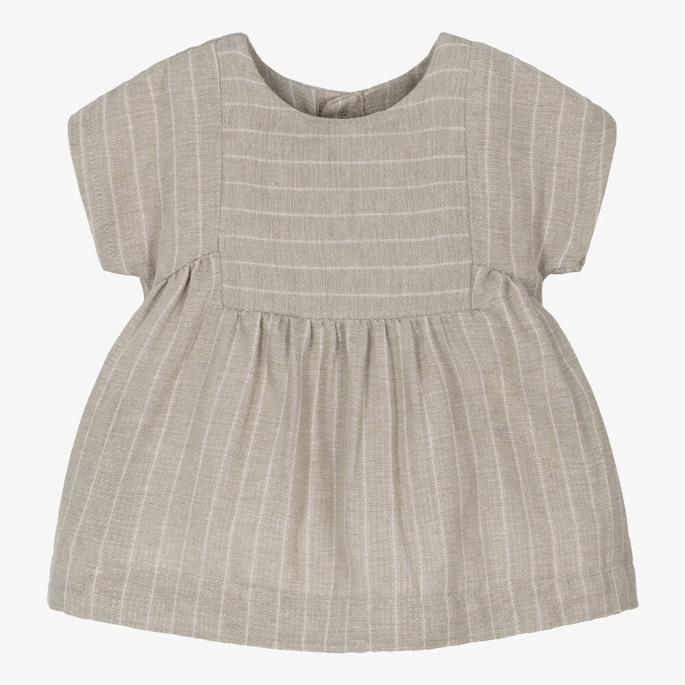 1 + in the family-Girls Taupe Beige Cotton Stripe Dress | Childrensalon Outlet
