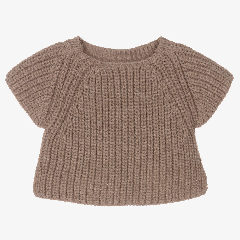 1 + in the family - Girls Taupe Brown Ribbed Knit Sweater | Childrensalon