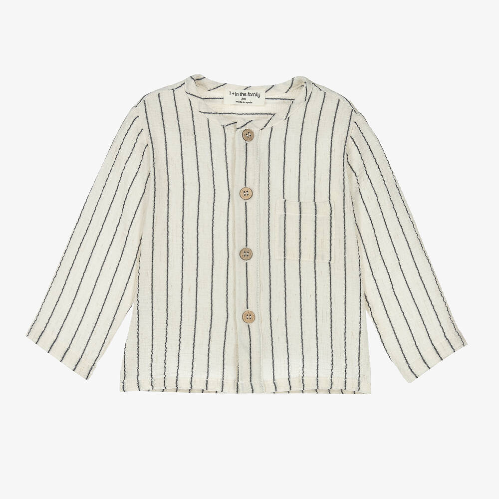 1 + in the family-Ivory & Blue Striped Collarless Shirt | Childrensalon Outlet