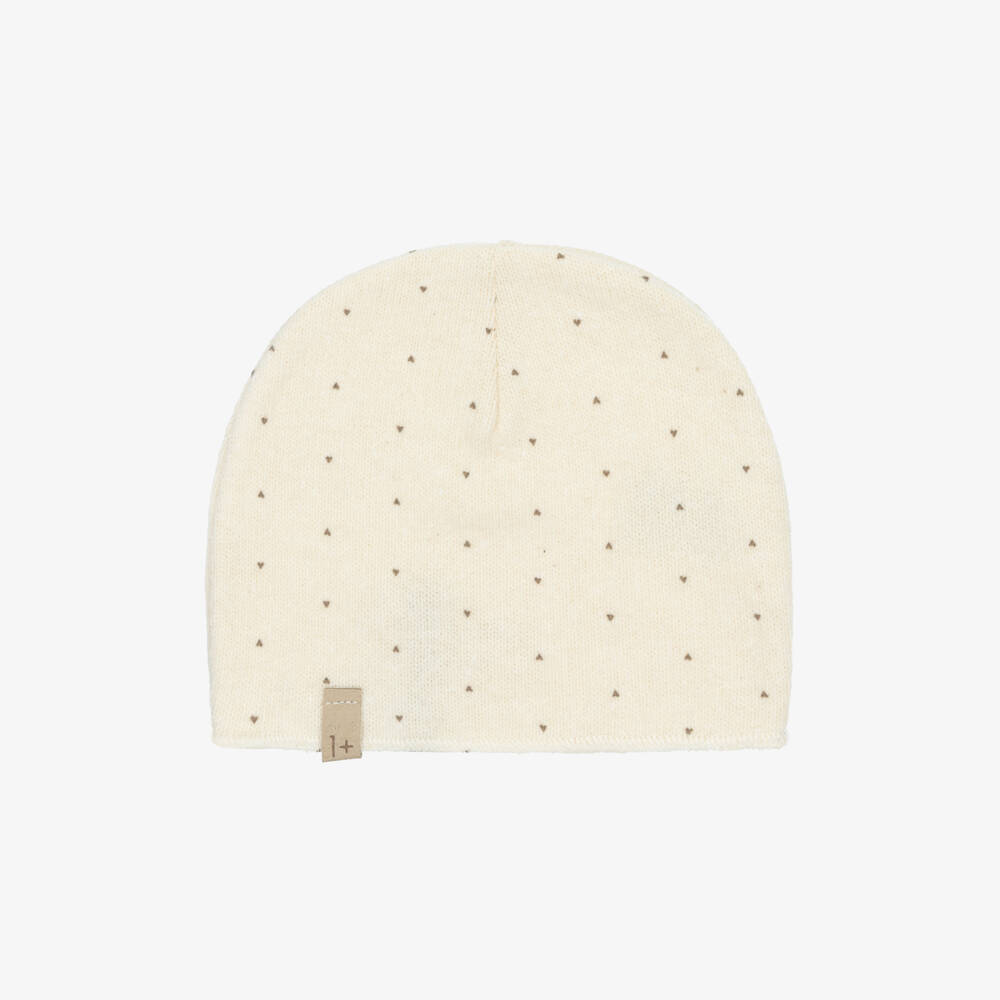 1 + in the family-Ivory Cotton Knit Baby Hat with Brown Heart Pattern | Childrensalon Outlet
