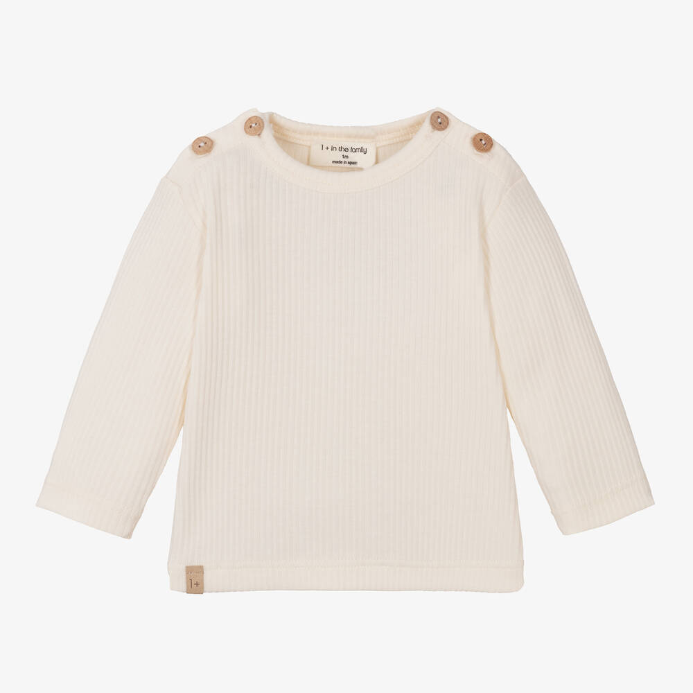1 + in the family - Ivory Ribbed Cotton Jersey Top | Childrensalon