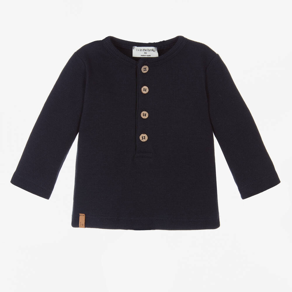 1 + in the family - Navy Blue Long Sleeve Cotton Top | Childrensalon
