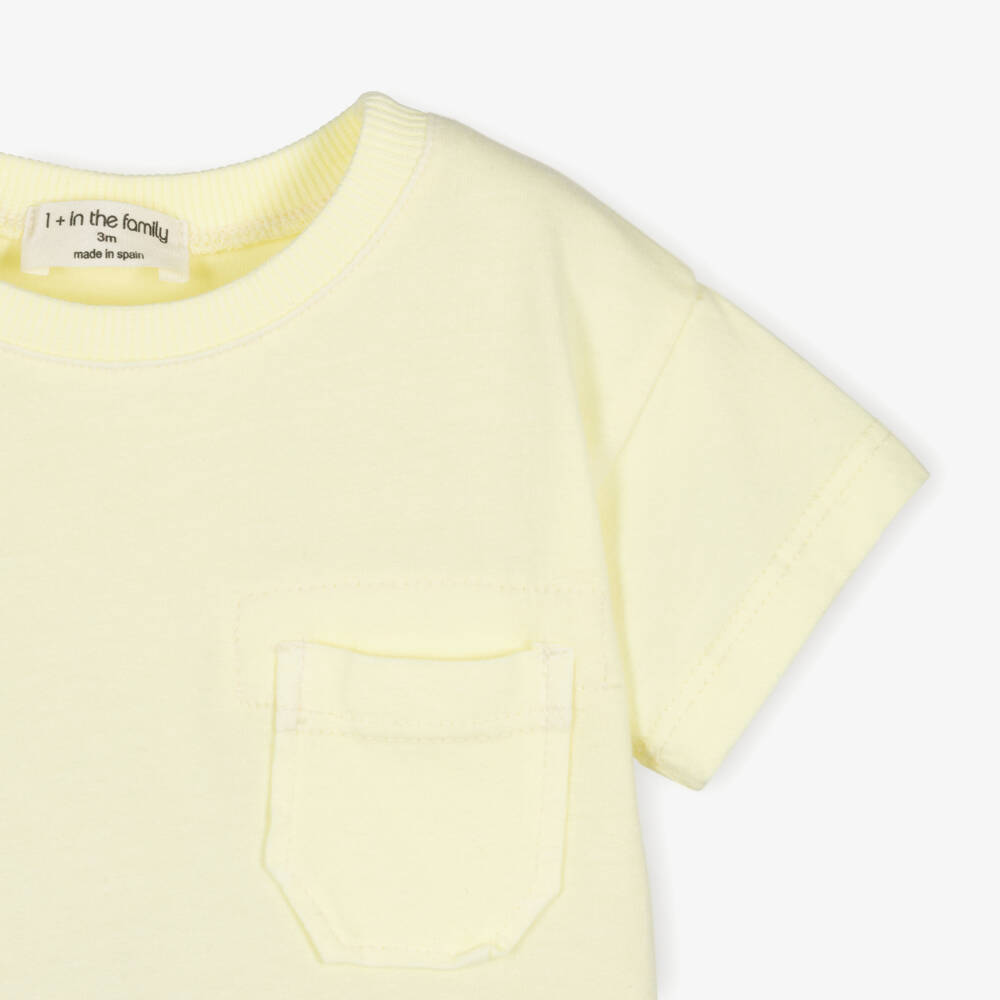 1 + in the family-Pale Yellow Cotton Jersey T-Shirt with Chest Pocket | Childrensalon Outlet