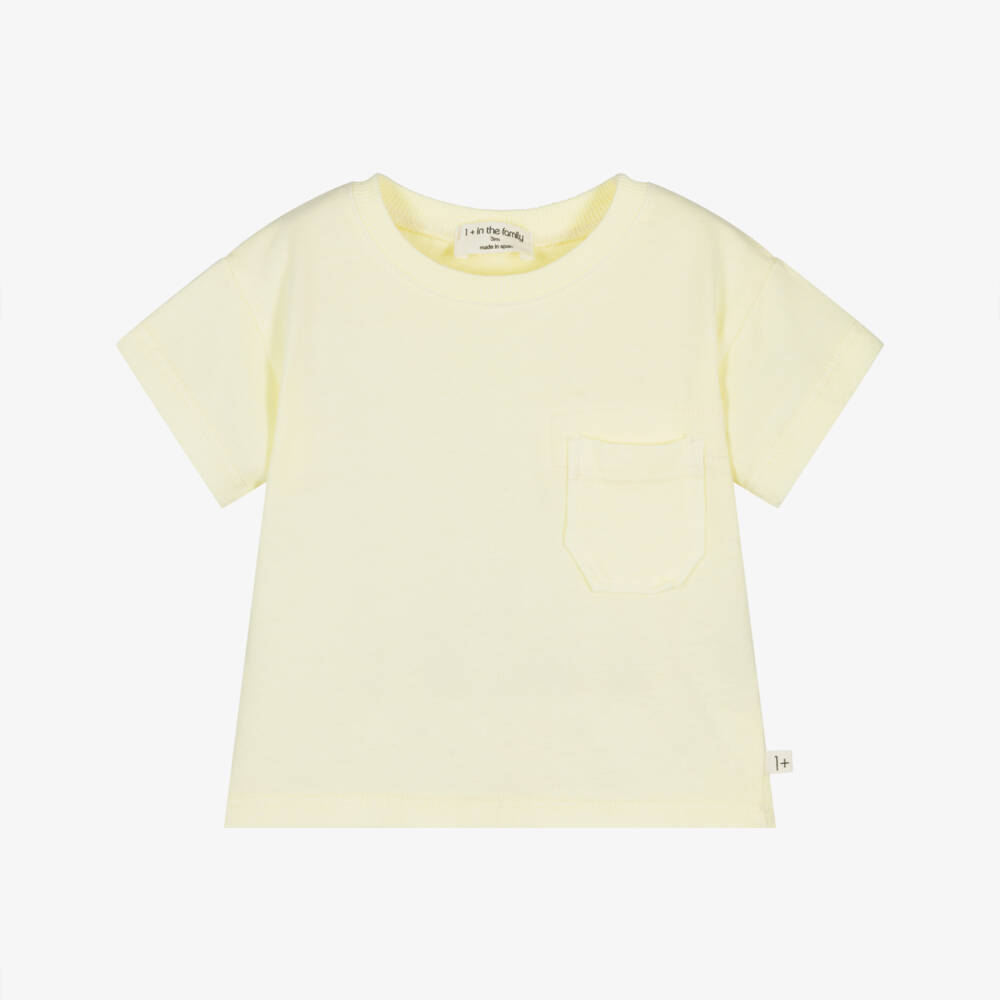 1 + in the family-Pale Yellow Cotton Jersey T-Shirt with Chest Pocket | Childrensalon Outlet