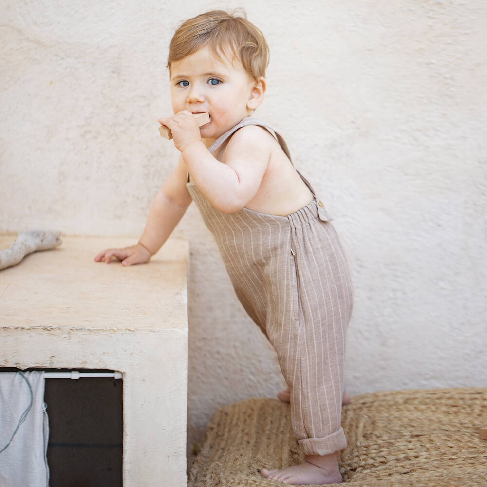 1 + in the family-Taupe Beige Cotton Stripe Baby Dungarees | Childrensalon Outlet