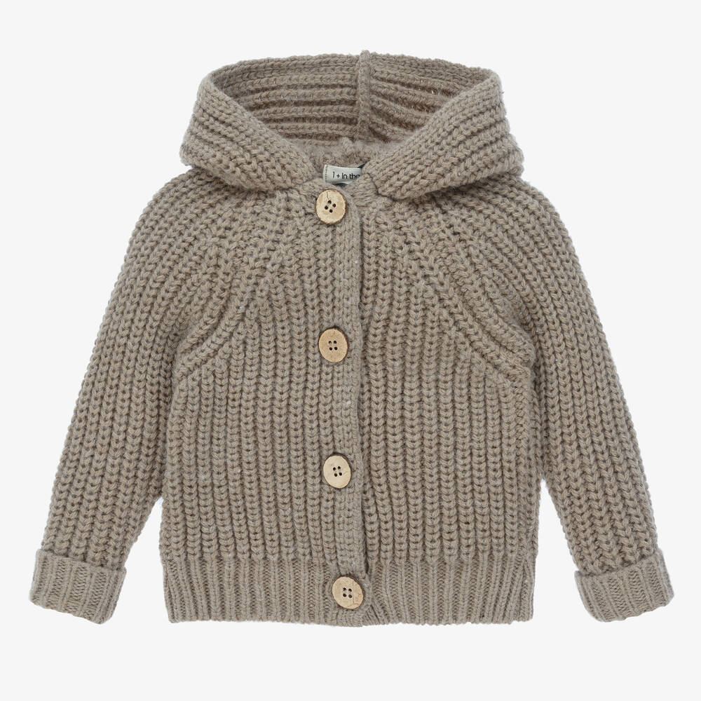 1 + in the family - Taupe Brown Knitted Hooded Cardigan | Childrensalon