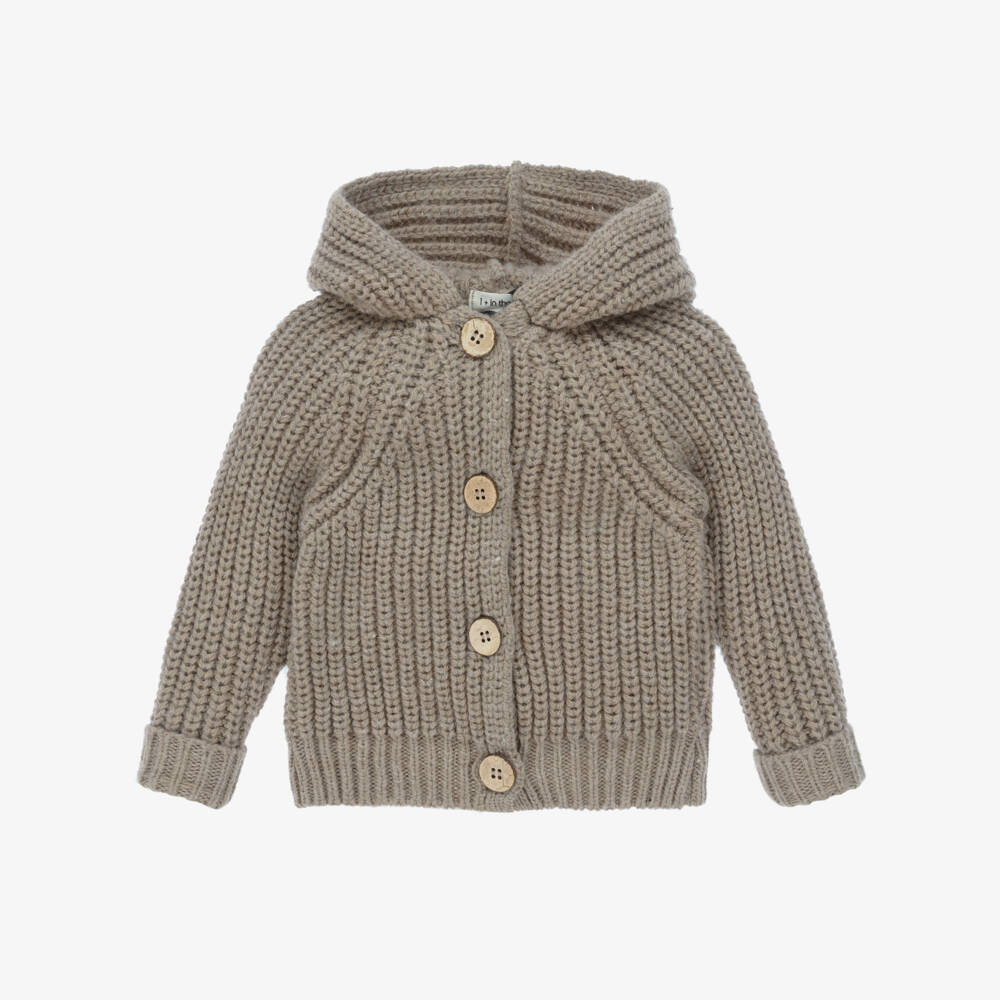 1 + in the family-Taupe Brown Knitted Hooded Cardigan | Childrensalon Outlet