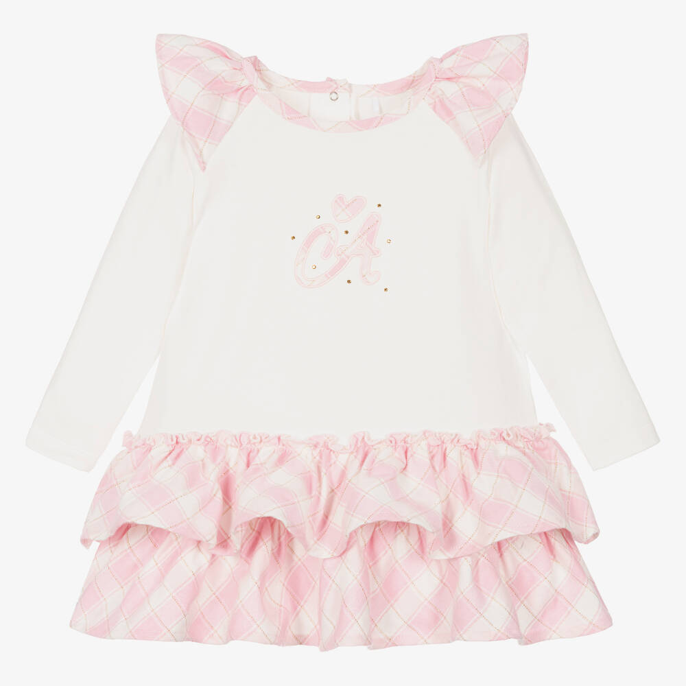 A Dee - Baby Girls Pink & White Cotton Dress | Childrensalon