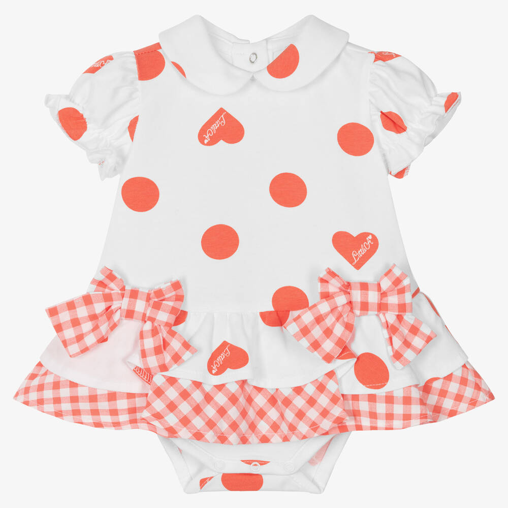 A Dee - Baby Girls White & Coral Pink Cotton Dress | Childrensalon