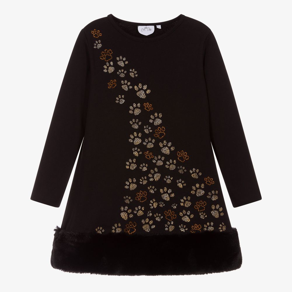 A Dee - Black Cotton Paw Print Dress | Childrensalon