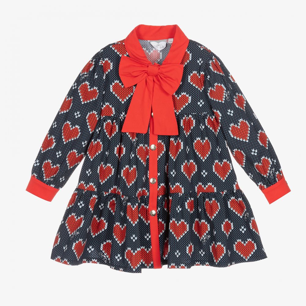 A Dee - Blue & Red Heart Cotton Dress | Childrensalon