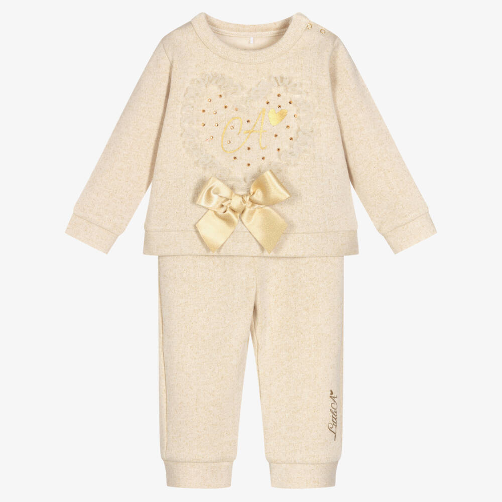 A Dee-Girls Beige & Gold Cotton Tracksuit | Childrensalon Outlet